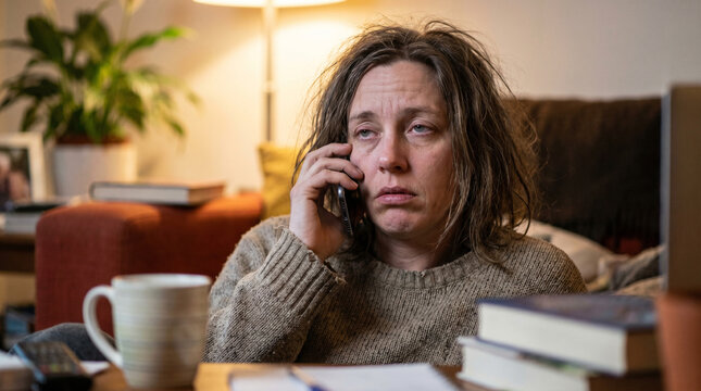 Distressed crying woman on phone at living room table