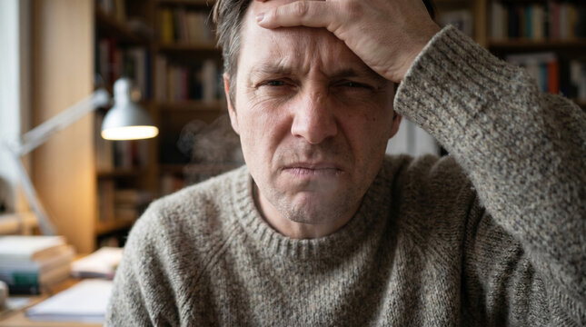 Stressed man suffering from headache in home office