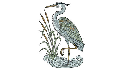 Fototapeta premium Art Nouveau Heron Bird Standing in Water with Cattails