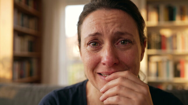 Emotional crying woman weeping inside her living room