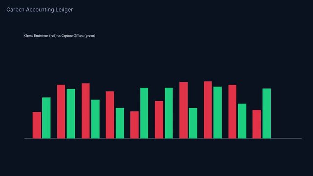 Carbon accounting ledger bar chart: gross emissions vs capture offsets data visualization for environmental sustainability and esg reporting