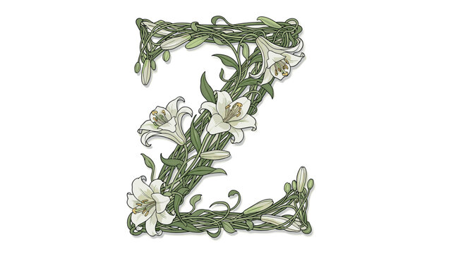 Art Nouveau Letter Z Monogram with White Lilies and Greenery