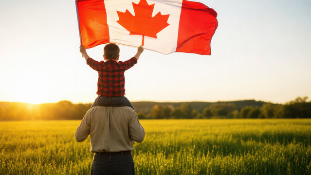 Attractive old senior  man and grahdson holding Canadian Flag. National holiday. Grandpa retiree. Retirement parent