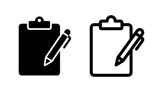 Clipboard with pen icon, document signing or checklist completion symbol, medical notes or survey.