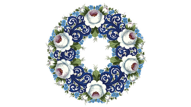 Ornate Floral Wreath with White Roses and Blue Scrollwork