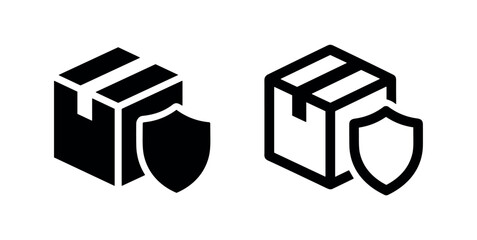 Package with shield icon set. Secured delivery, shipping insurance, and protection symbol. © liubomir118809