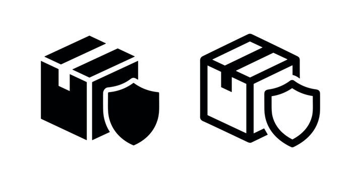 Package with shield icon set. Secured delivery, shipping insurance, and protection symbol.