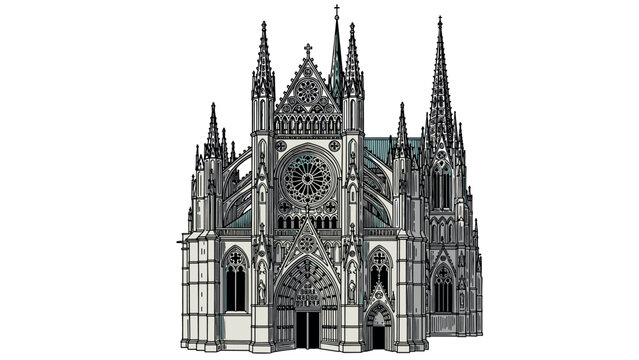Gothic Cathedral Facade Illustration with Rose Window and Spires