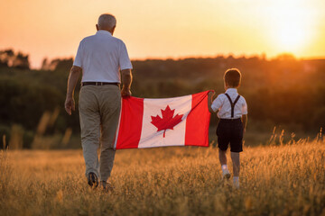 Naklejka premium Attractive old senior man and grahdson holding Canadian Flag. National holiday. Grandpa retiree. Retirement parent