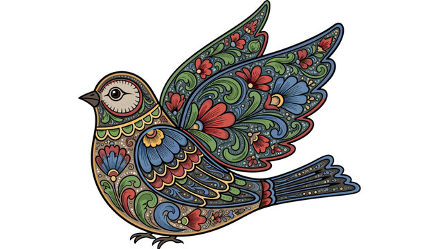 Ornate Folk Art Bird Illustration with Floral Patterns