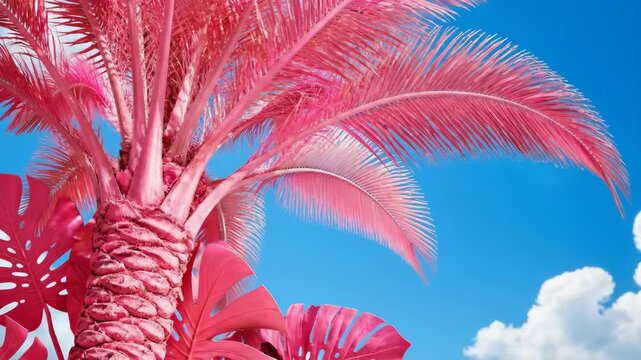 Vibrant pink palm trees against a bright blue sky with fluffy white clouds
