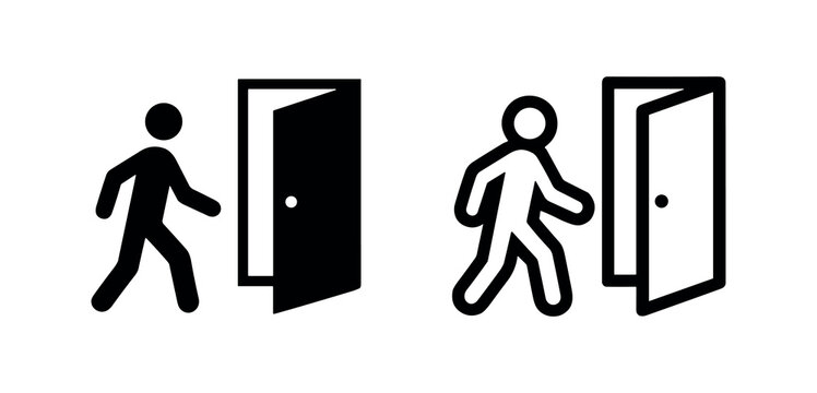 Two icons of a person walking through an open door, one solid, one outline