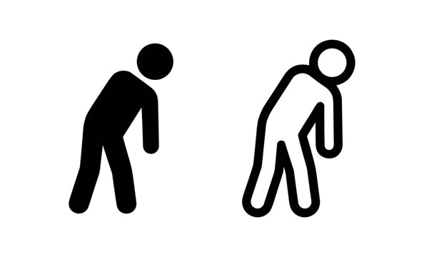 Bending person icon, representing fatigue, back pain, bowing, or physical effort.
