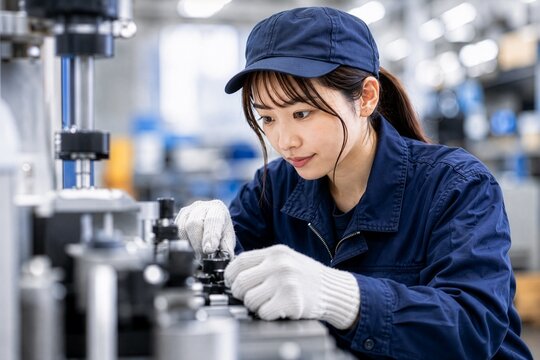 工場で部品を検査する女性作業員、品質管理や製造業を表すものづくり現場素材