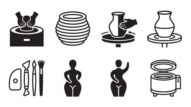 Pottery Making Silhouette Icons With Tools And Equipment For Craft And Art Concepts isolated on a transparent background