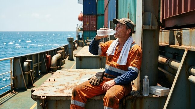 Merchant ship crew member in workwear drinking water from bottle on cargo vessel deck.