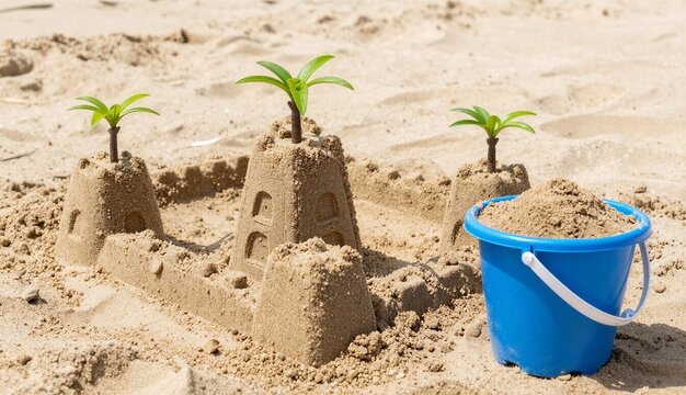 Child&rsquo;s sand castle with miniature towers, arched windows, and small green seedlings depicting palm trees on top, placed next to a bright blue plastic bucket filled with sand on a sunny beach.