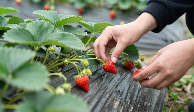 Close-up of hands carefully picking ripe strawberries from garden plants growing on black mulch film, showcasing fresh fruit harvesting in a home strawberry bed.