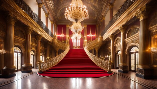 a grand palace interior showcases a sweeping red carpeted staircase illuminated by ornate chandeliers