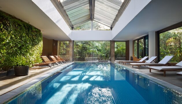 serene indoor swimming pool with natural light filtering from a skylight flanked by lounge chairs and lush greenery