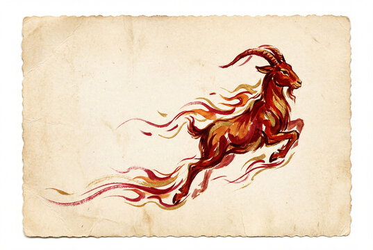 Leaping fire goat in traditional ink painting style. Chinese New Year zodiac symbol on vintage parchment background