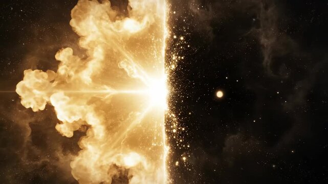 Cosmic explosion of golden light in deep space. Divine energy shockwave separating light from darkness. Big bang and creation concept