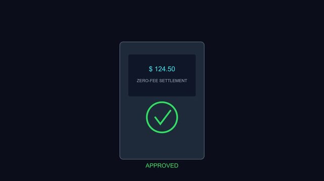 Digital payment confirmation interface with zero-fee settlement success animation fintech online transaction
