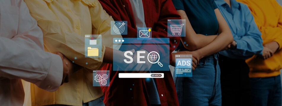 Diverse Group of People Showing Digital Marketing Concepts with SEO Symbols, Illustrations, and Tools for Online Growth Strategies in a Collaborative Environment. Entropy.