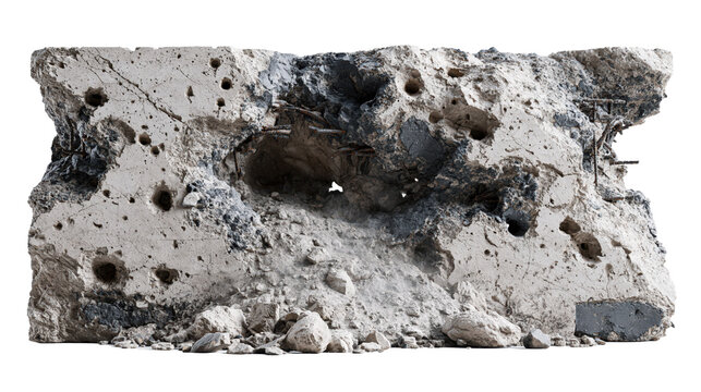 Demolished and Fractured Broken Concrete Debris. Large Broken Concrete Block with Exposed Rebar, transparent background. Alpha channel.