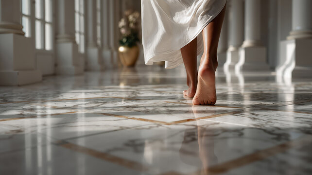Movement of barefoot woman on elegant marble floor, feet view in luxury classic hallway, legs, step and beauty concept