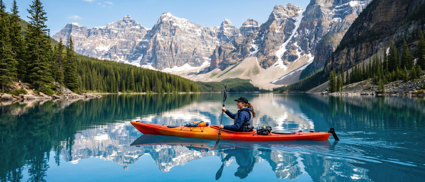Woman kayaking on a blue glacial lake with snow capped mountains. Female paddler in an orange kayak exploring nature. Outdoor adventure and active lifestyle concept