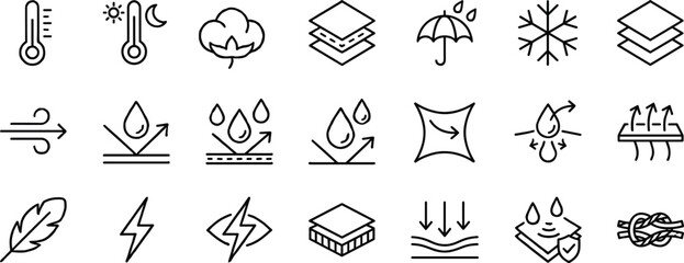 Fabric properties and material features line icon set showing waterproof, breathable, thermal, and lightweight textile characteristics © Azizul