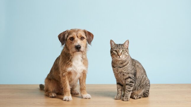 A mixed-breed dog and a relaxed tabby cat sit side by side against a pastel blue banner background. The clean image provides copy space for pet adoption, animal welfare, and veterinary campaigns.