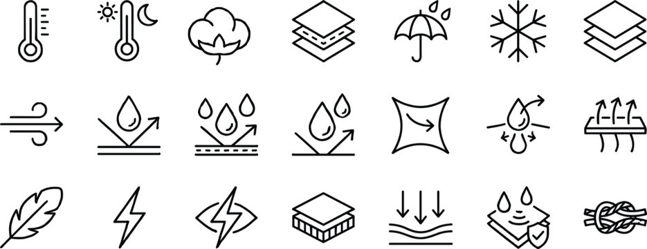 Fabric properties and material features line icon set showing waterproof, breathable, thermal, and lightweight textile characteristics