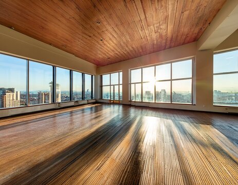 an empty sunlit dance studio with hardwood floors floor to ceiling windows and a cityscape view