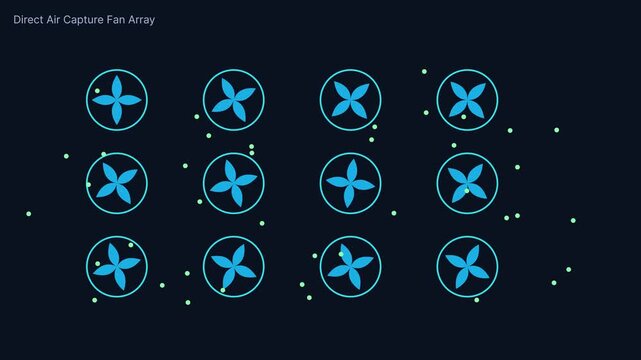 Direct air capture technology animation: carbon removal fan array concept climate change renewable energy