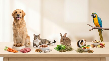 Plakat Group of pets with assorted food on wooden table indoors 