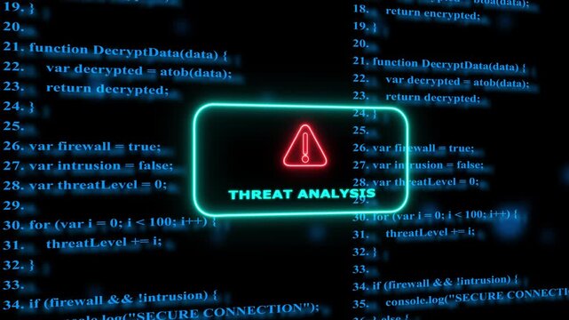 Cyber security threat analysis interface with scrolling source code and warning alert system data breach