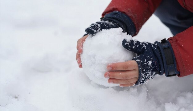 Person in a red jacket and navy gloves forming a compact snowball in a snowy landscape, capturing a playful winter moment outdoors.