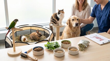 Plakat Family with pets enjoying time together at home with food supplies 