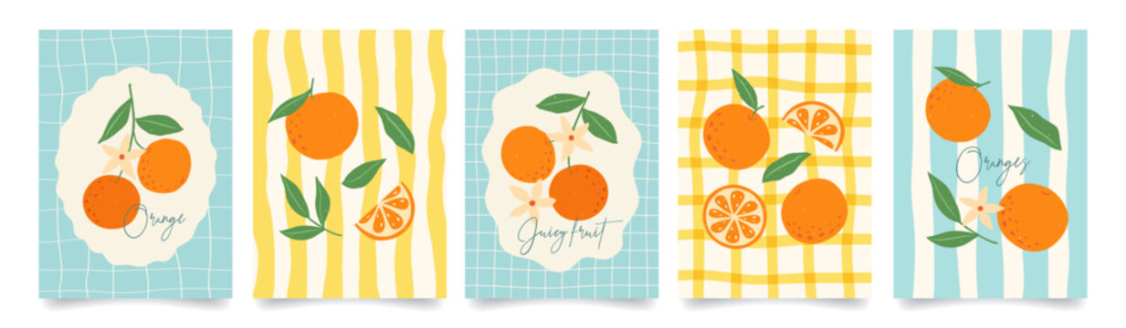 Set of citrus fruits summer poster. Mediterranean abstract print with hand drawn oranges or tangerine, leaves and flowers. Vacation in Italy. Vector trendy design for card, t-shirt, cover, wall decor.