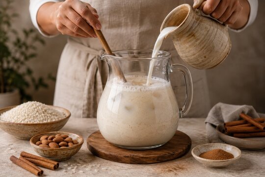 Zubereitung mexikanischer Horchata: Milch wird von Hand in einen Krug mit Reis, Mandeln, Zimt und Eis gegossen und zu einem cremigen, traditionellen Getr&auml;nk verr&uuml;hrt.