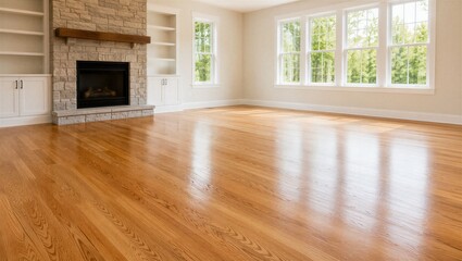 Fototapeta premium Freshly refinished hardwood floor in a bright living room, concept of home renovation, protective finish and restored wooden interior.