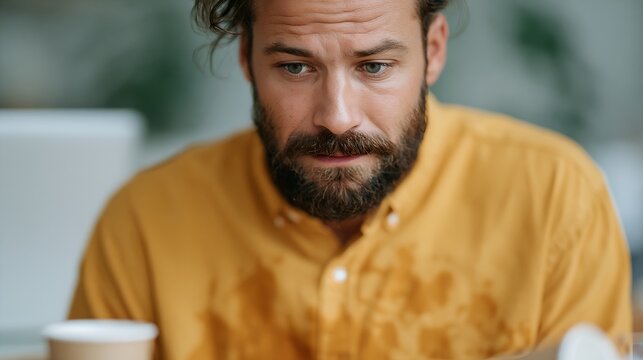 Focused man reacts to spilled coffee on his shirt during workday