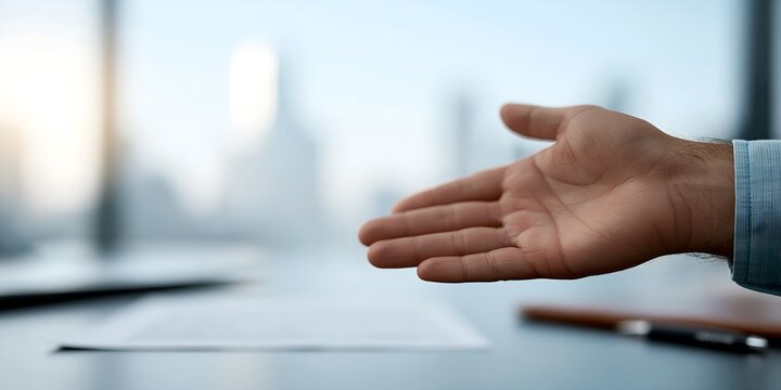 Close-up of open palm facing up on office surface