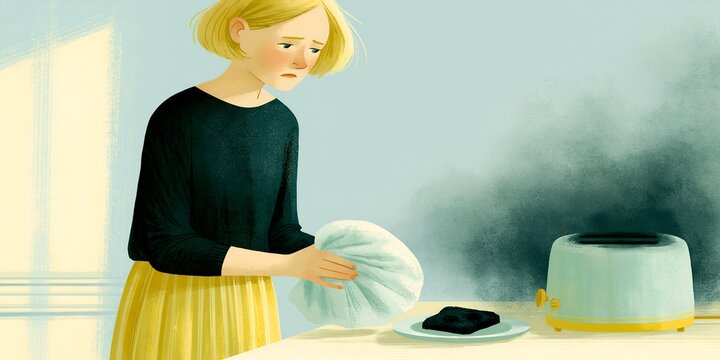 Woman deals with a smoking toaster in her kitchen