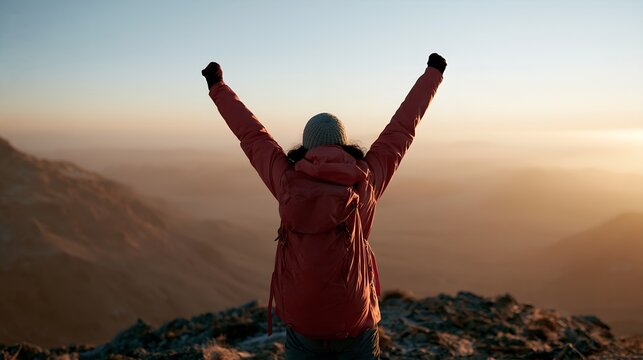 Back view of hiker celebrating on mountaintop at golden hour