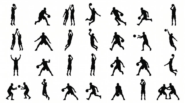 Black and White Basketball Action Silhouettes Collection Flat Vector Players Set