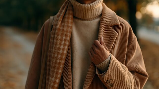 Person in warm coat and scarf stands in fall forest