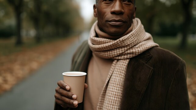 man with warm scarf sips coffee during autumn walk